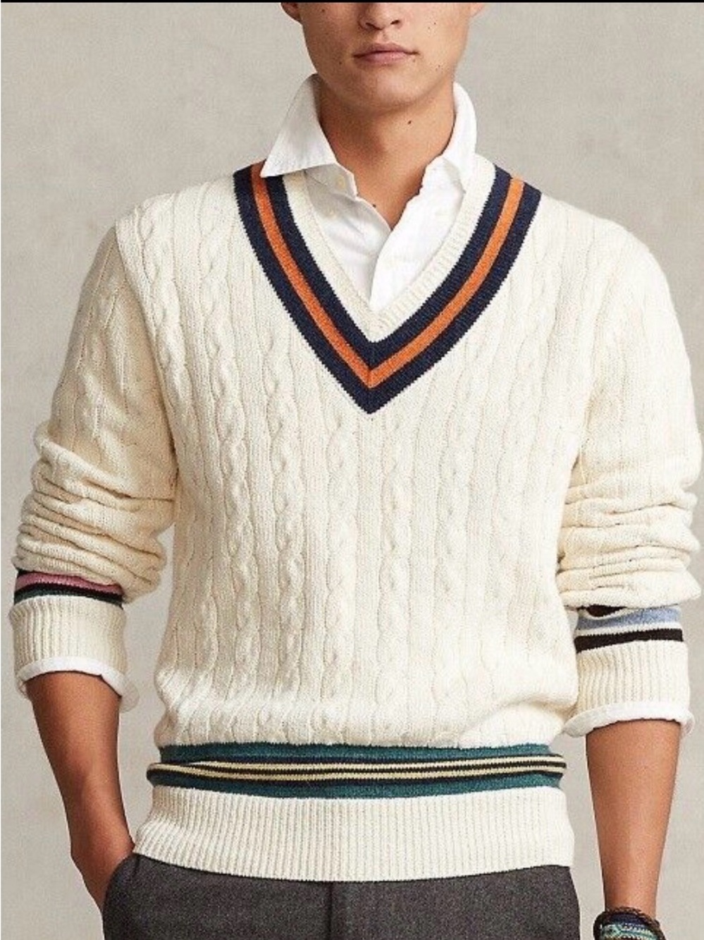 POLO RALPH LAUREN MEN'S COTTON CASHMERE CRICKET SWEATER. Pit-pit 25.5 (mix31)